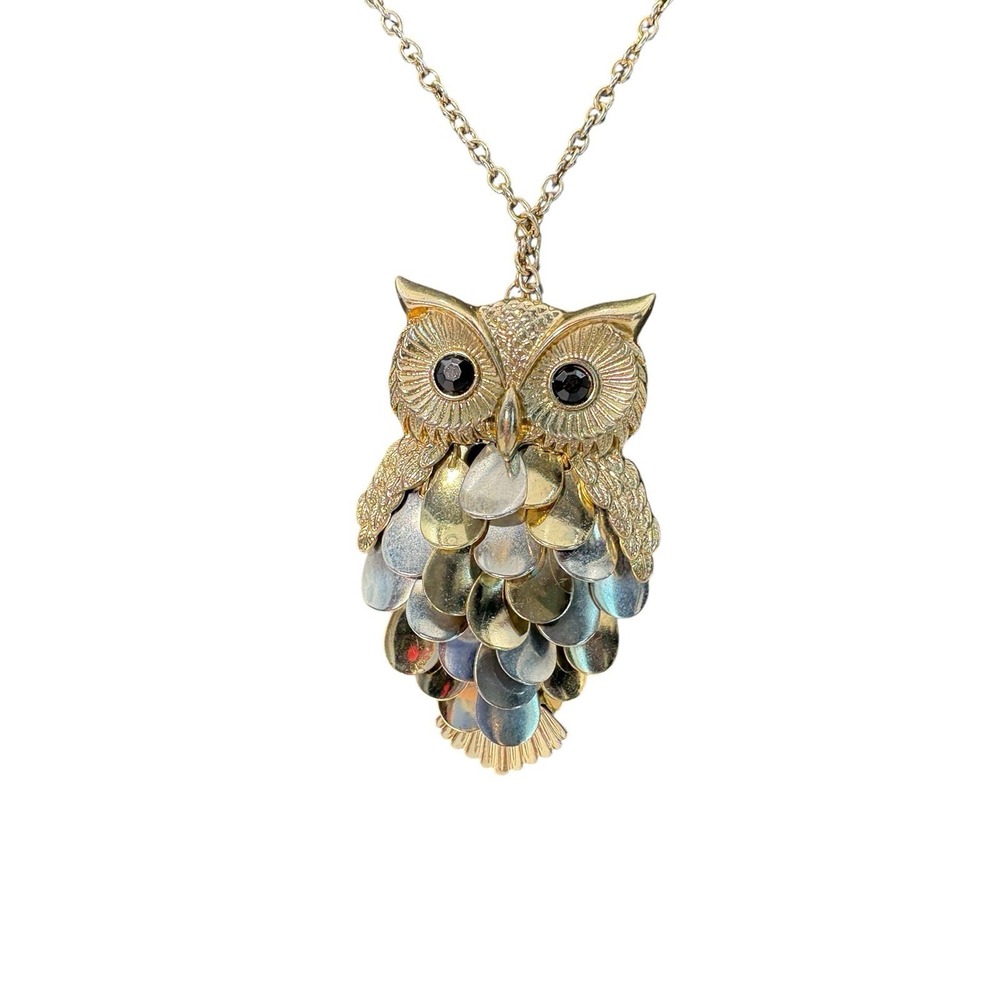 Vintage Silver Tone Layered Scales Feathers Owl Articulated Statement Necklace
